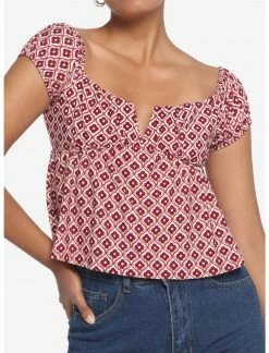 HUNIVERS Red Floral Babydoll Top