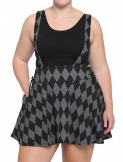 HUNIVERS Black & Grey Argyle Lace-Up Suspender Skirt Plus Size