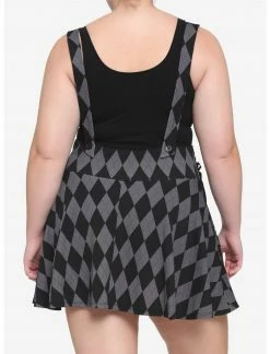 HUNIVERS Black & Grey Argyle Lace-Up Suspender Skirt Plus Size -HER SHOP unnamed file 354